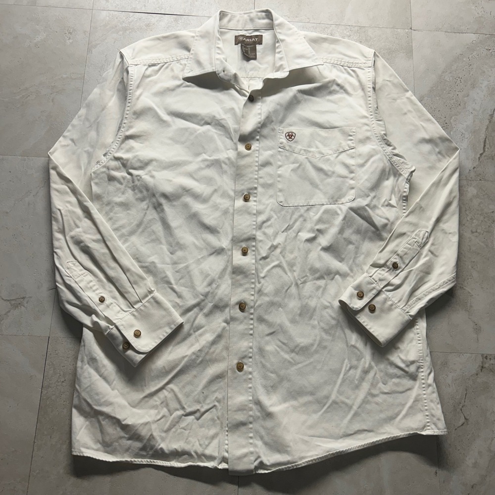 Ariat Button Down Shirt White Mens Size Medium Western Long Sleeve Cotton Twill